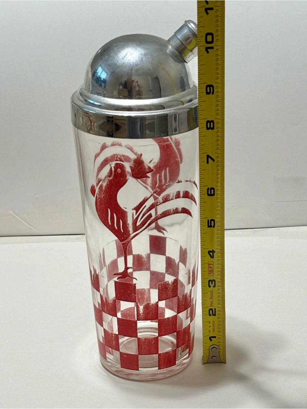 Vintage Drunken Rooster Cocktail Shaker - Red & White Checkered Rooster 10.5” T